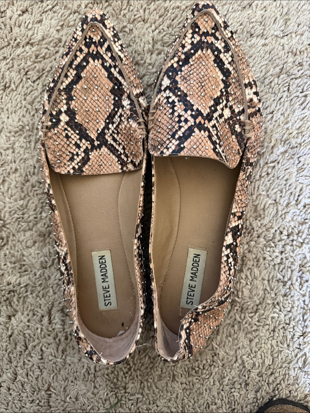 Steve Madden Snake-Print Pointed Flats in Tan and Black